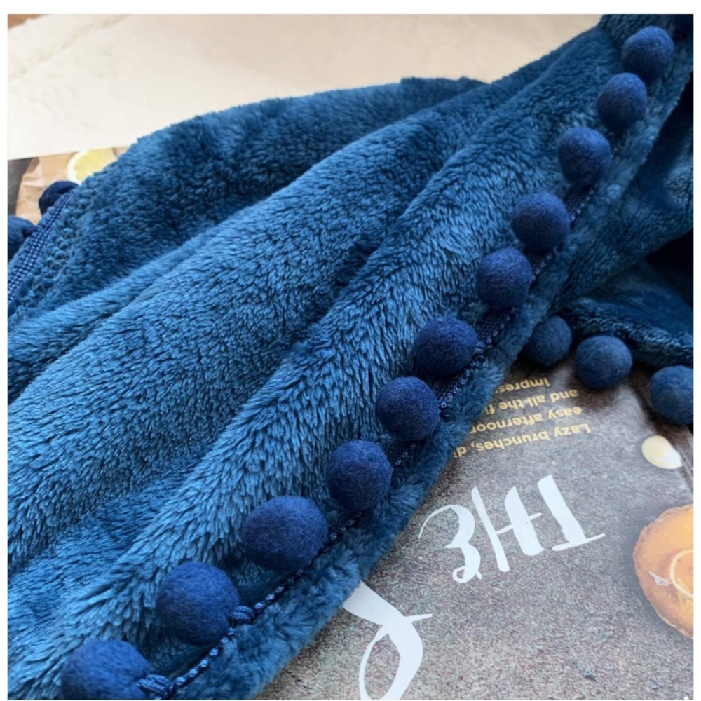 Navy Blue Pompom Fringe Chic Cozy Soft Throw Blanket/Cover - Picture 5 of 16